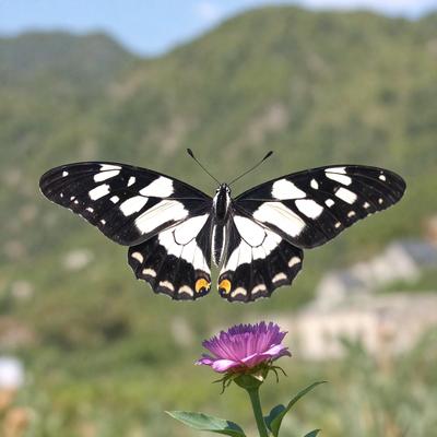 The primary subject of the image is a butterfly flying in the air. The setting is a field with a purple flower, and the visual style is a photo. The butterfly is black and white, and the overall atmosphere is serene and natural.